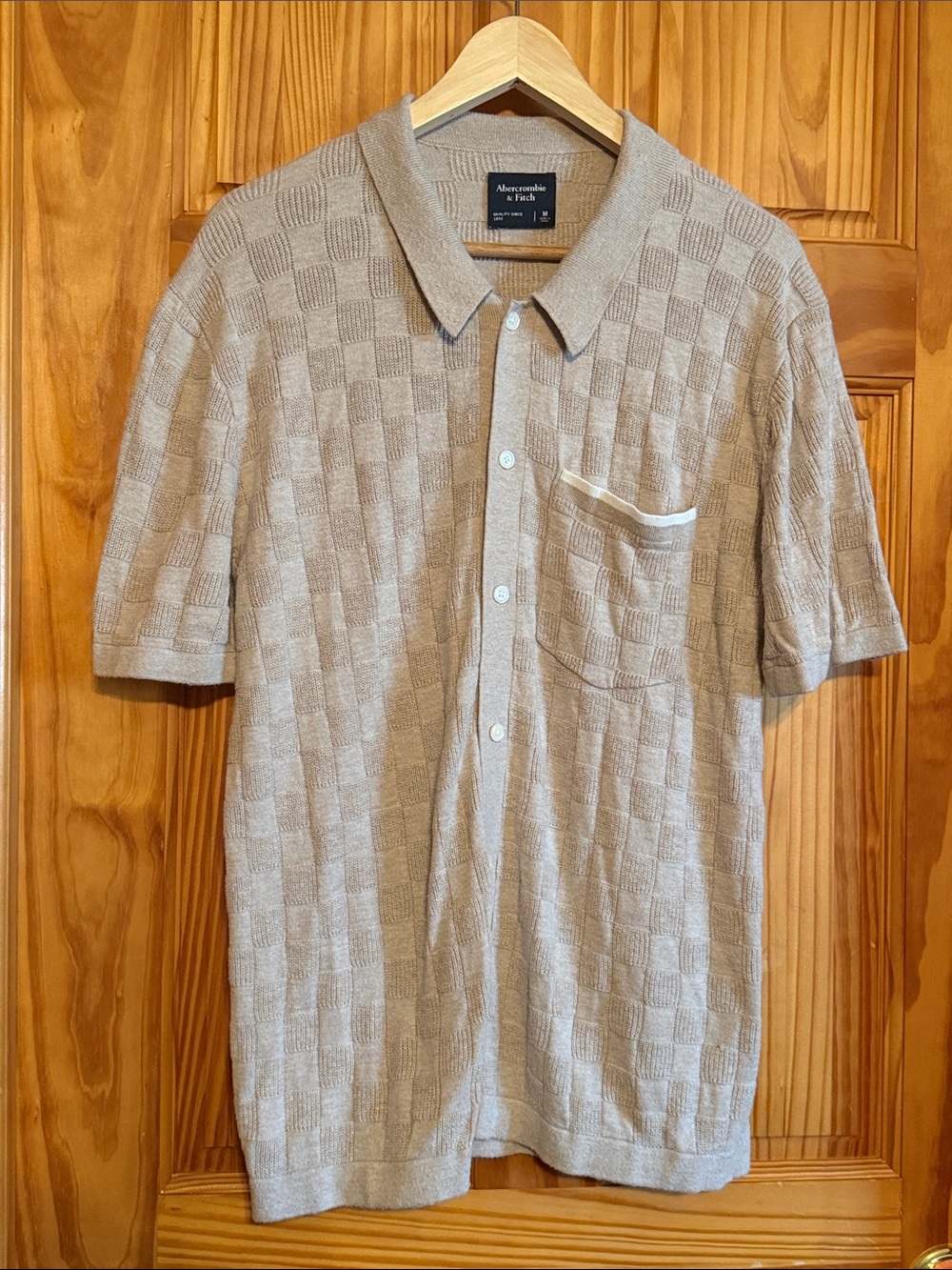 Abercrombie & Fitch Men's Light Beige Check Knit Button-Up Polo